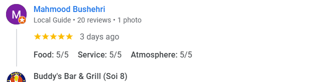 Another 5-star review from a customer at Buddy's Bar & Grill Bangkok Soi 8, November 2025