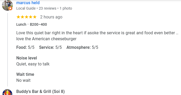 Another 5-star review from a customer at Buddy's Bar & Grill Bangkok Soi 8, November 2025