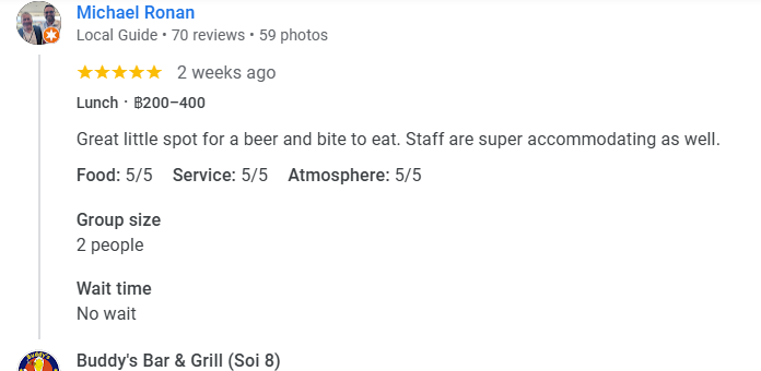 Another 5-star review from a customer at Buddy's Bar & Grill Bangkok Soi 8, November 2025