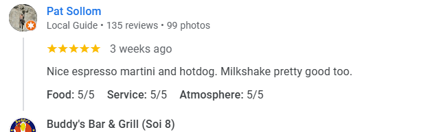 A 5-star review from a customer at Buddy's Bar & Grill Bangkok Soi 8, November 2025