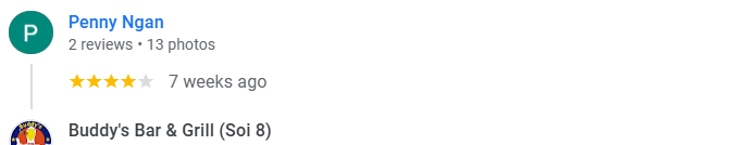 A 4-star review from a customer at Buddy's Bar & Grill Bangkok Soi 8, October 2025