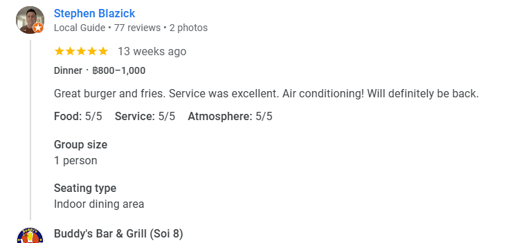 Another 5-star review from a customer at Buddy's Bar & Grill Bangkok Soi 8, September 2025