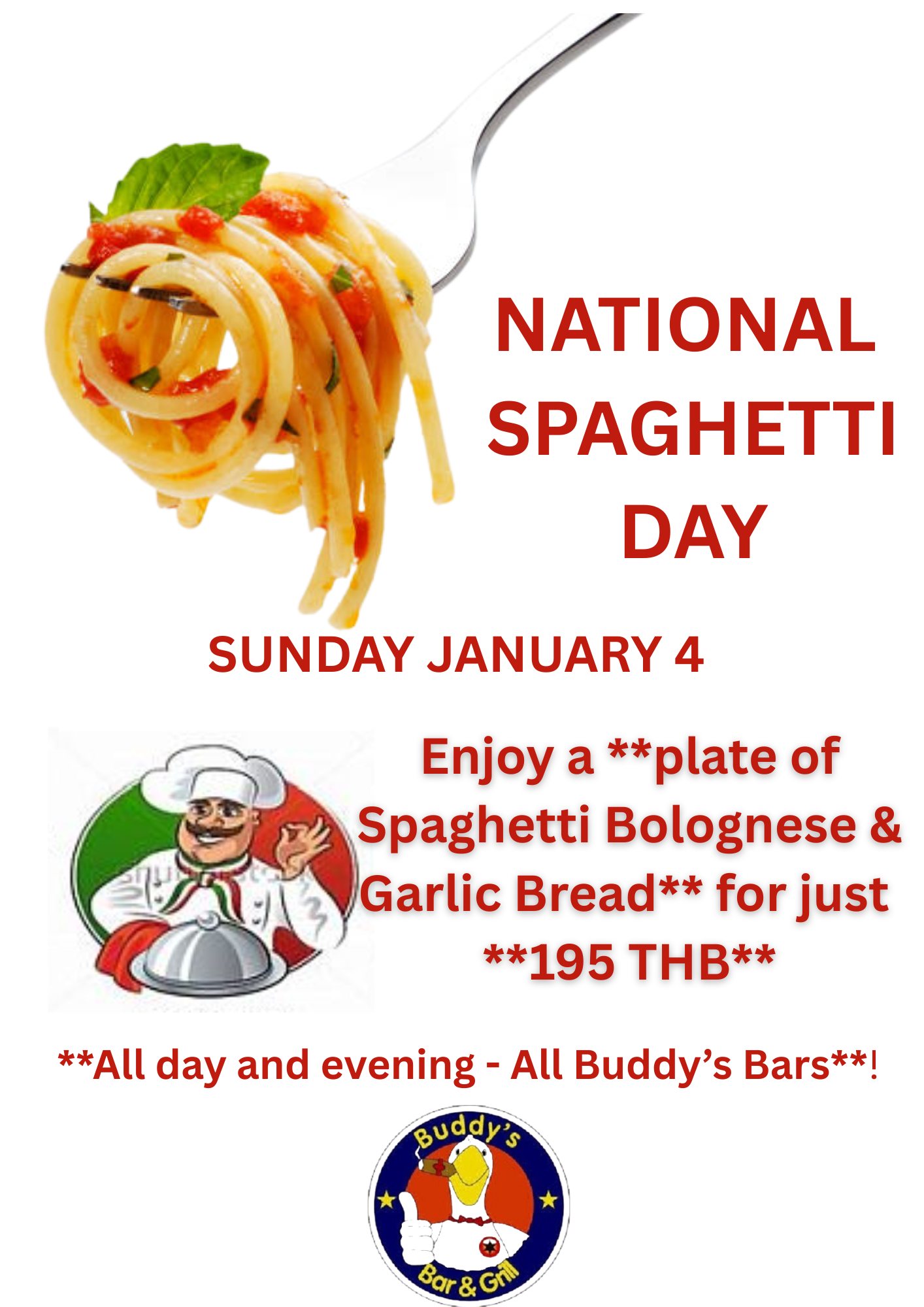 🍝 **National Spaghetti Day Special!** 🍝 This **Sunday, January 4th**, celebrate **National Spaghetti Day** with a delicious deal you can’t miss! 👉 **Spaghetti Bolognese with Garlic Bread** 💰 **Only 195 THB** 📍 **All bars • All day long** Perfect comfort food, perfect price. Bring your appetite! 😋