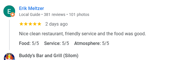 Another 5-star Google Business review for Buddy's Silom December 2025