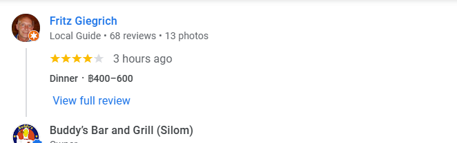 Another 4-star Google Business review for Buddy's Silom December 2025