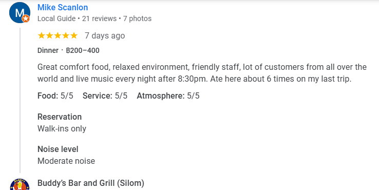 A 5-star Google Business review for Buddy's Silom December 2025
