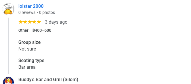 Another 5-star Google Business review for Buddy's Silom December 2025