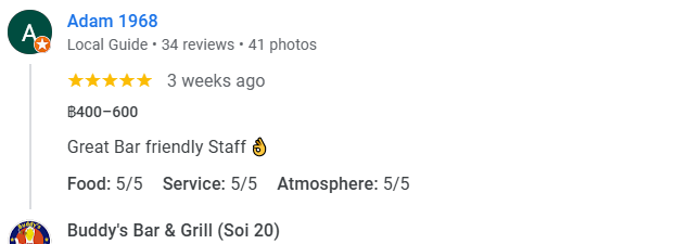 A 5-Star review of Buddy’s Bar & Grill Soi 20 Bangkok December 2025
