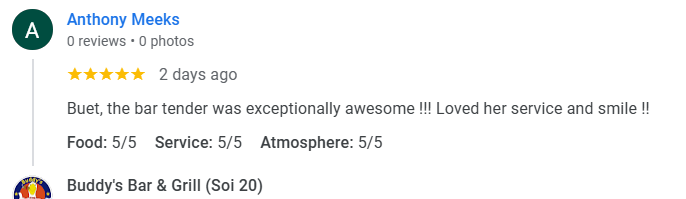 A 5-Star review of Buddy’s Bar & Grill Soi 20 Bangkok December 2025