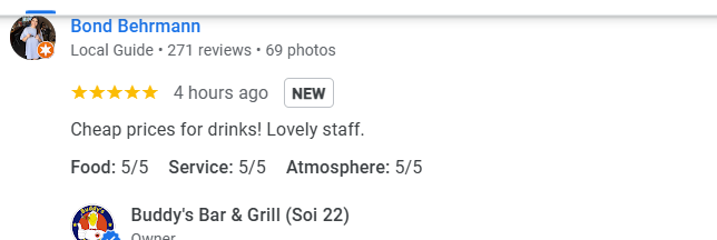 Another 5-Star review of Buddy’s Bar & Grill Sukhumvit Soi 22 Bangkok December 2025