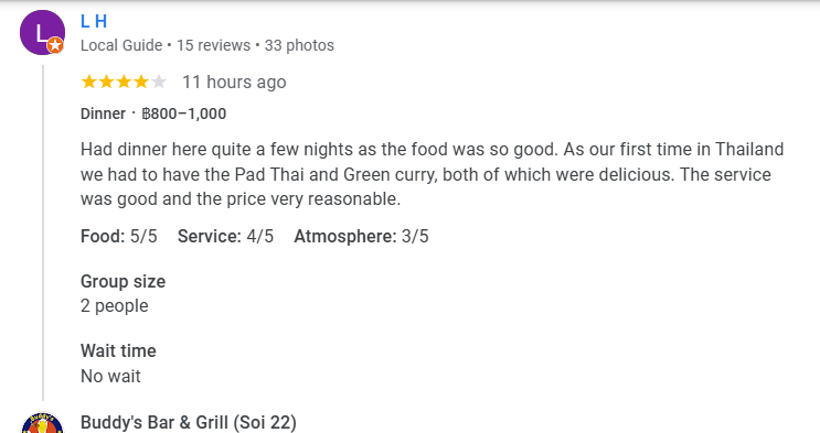 Another 4-Star review of Buddy’s Bar & Grill Sukhumvit Soi 22 Bangkok December 2025
