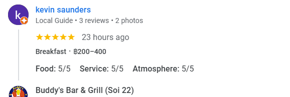 Another 5-Star review of Buddy’s Bar & Grill Sukhumvit Soi 22 Bangkok December 2025