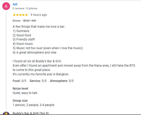 Another 5-star review from a customer at Buddy's Bar & Grill Bangkok Soi 8, December 2025
