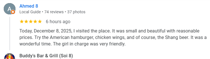 Another 5-star review from a customer at Buddy's Bar & Grill Bangkok Soi 8, December 2025