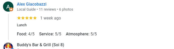 Another 5-star review from a customer at Buddy's Bar & Grill Bangkok Soi 8, December 2025