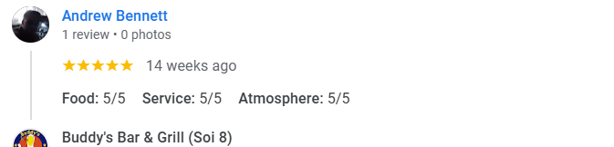 Another 5-star review from a customer at Buddy's Bar & Grill Bangkok Soi 8, November 2025