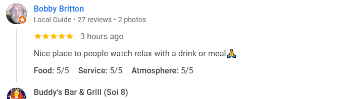 Another 5-star review from a customer at Buddy's Bar & Grill Bangkok Soi 8, December 2025