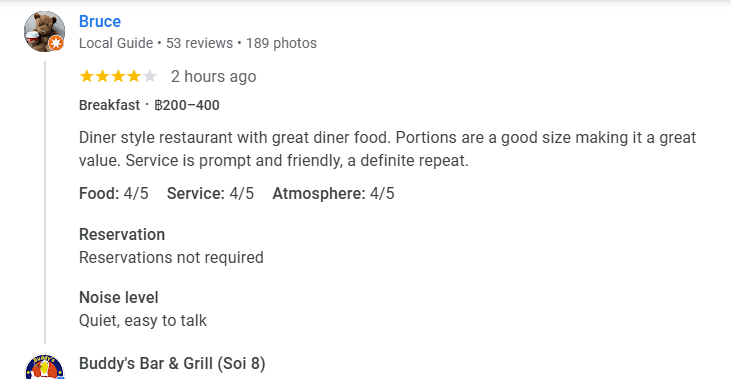 Another 4-star review from a customer at Buddy's Bar & Grill Bangkok Soi 8, December 2025