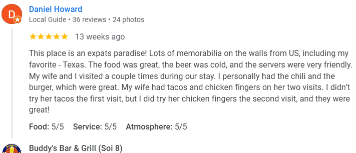 Another 5-star review from a customer at Buddy's Bar & Grill Bangkok Soi 8, November 2025