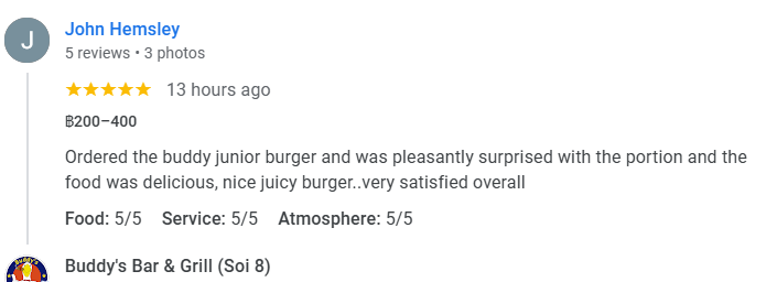 Another 5-star review from a customer at Buddy's Bar & Grill Bangkok Soi 8, December 2025