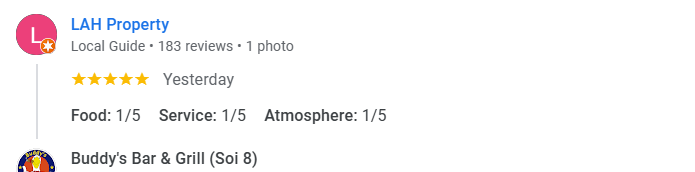 Another 5-star review from a customer at Buddy's Bar & Grill Bangkok Soi 8, December 2025