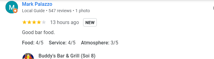 Another 5-star review from a customer at Buddy's Bar & Grill Bangkok Soi 8, December 2025