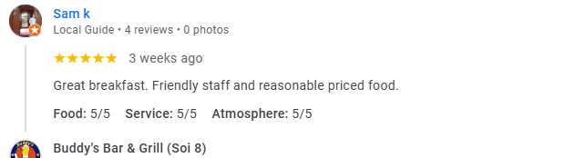 Another 5-star review from a customer at Buddy's Bar & Grill Bangkok Soi 8, November 2025