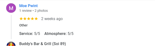4-Star review of Buddy’s Bar & Grill Bangkok Soi 89 March 2024
