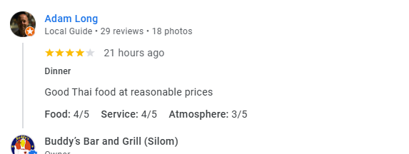 Another 4-star Google Business review for Buddy's Silom January 2026