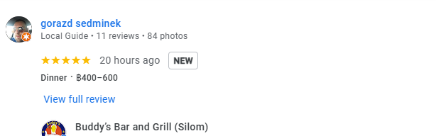 Another 5-star Google Business review for Buddy's Silom January 2026
