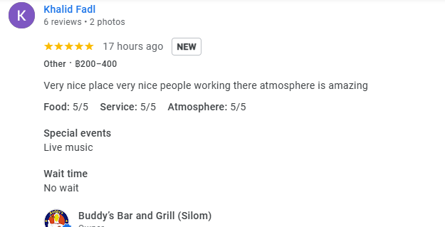 Another 5-star Google Business review for Buddy's Silom January 2026