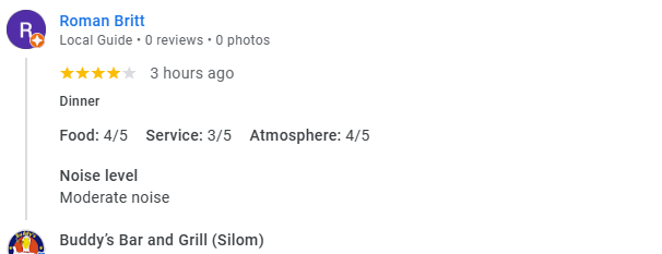 A 4-star Google Business review for Buddy's Silom January 2026