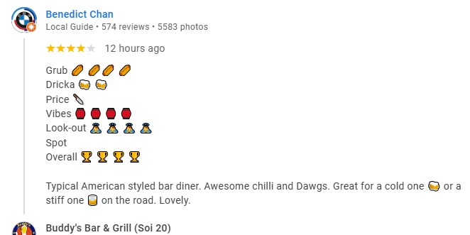 A 4-star Google Business review for Buddy's Soi 20 January 2026