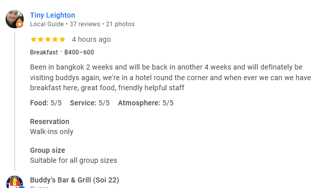 Another 5-Star review of Buddy’s Bar & Grill Sukhumvit Soi 22 Bangkok January 2026