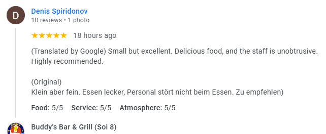 Another 5-star review from a customer at Buddy's Bar & Grill Bangkok Soi 8, January 2026