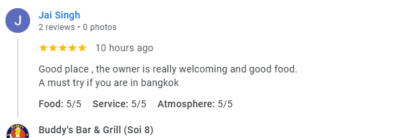 Another 5-star review from a customer at Buddy's Bar & Grill Bangkok Soi 8, January 2026