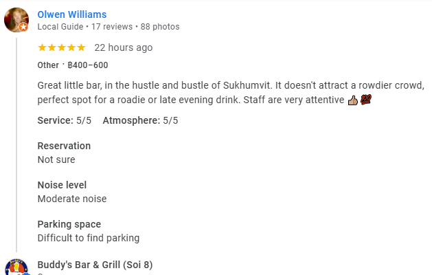 Another 5-star review from a customer at Buddy's Bar & Grill Bangkok Soi 8, January 2026