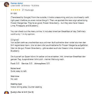 A 5-star review from a customer at Buddy's Bar & Grill Bangkok Soi 8, January 2026