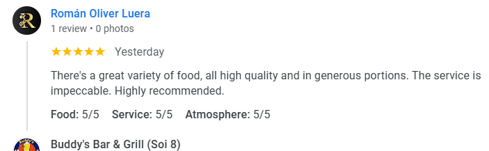 Another 5-star review from a customer at Buddy's Bar & Grill Bangkok Soi 8, January 2026