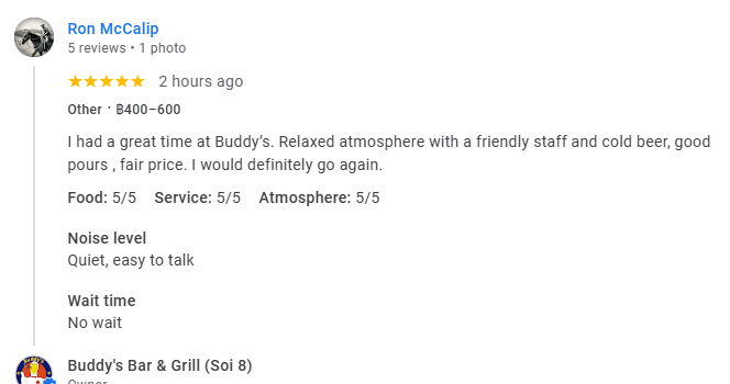 Another 5-star review from a customer at Buddy's Bar & Grill Bangkok Soi 8, January 2026