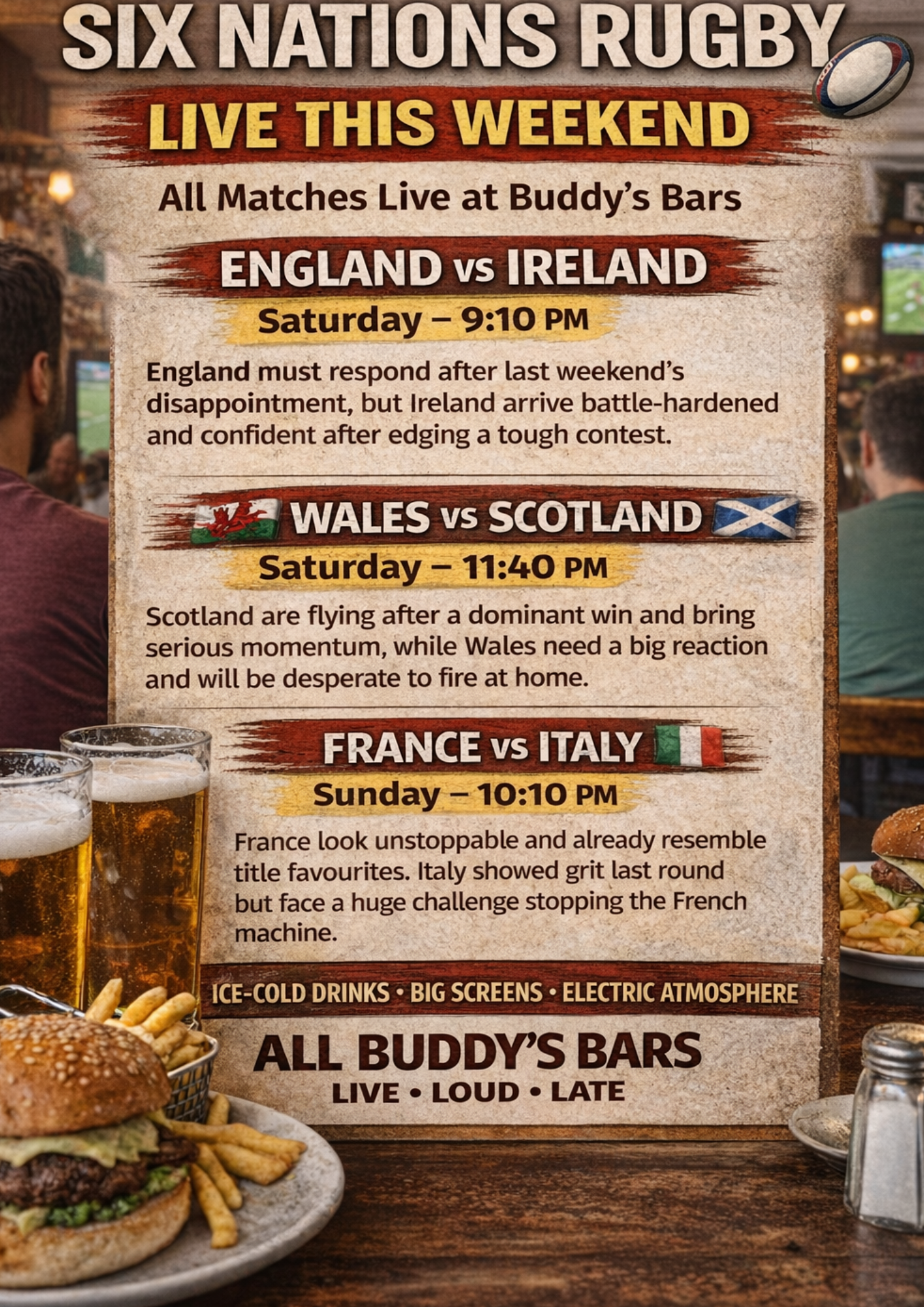 6 Nations 21-220226 🏉🔥 **SIX NATIONS SHOWDOWN – LIVE AT ALL BUDDY’S BARS** 🍺❄️
