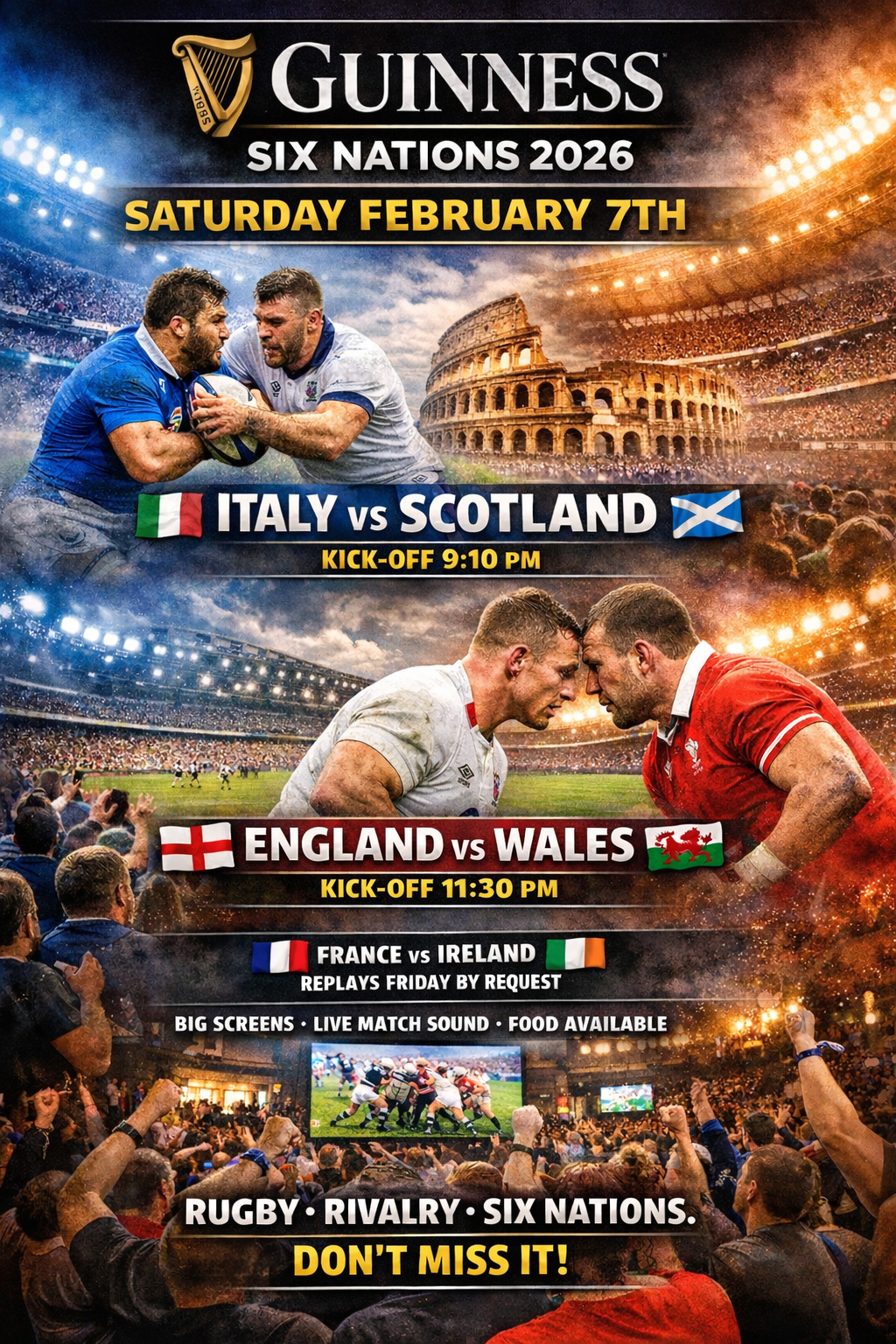 The Guinness 6 Nations, probably the greatest championship in rugby, returns this month. Matches will be shown live and loud at all Buddy’s Bars each weekend (if being played during opening hours, otherwise replays by request)