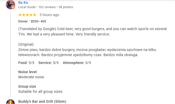 Another 5-star review from a customer at Buddy's Bar & Grill Bangkok Silom, February 2026