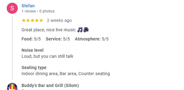 Another 5-star review from a customer at Buddy's Bar & Grill Bangkok Silom, February 2026
