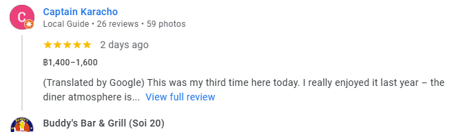 Another 5-star review from a customer at Buddy's Bar & Grill Bangkok Soi 20, February 2026