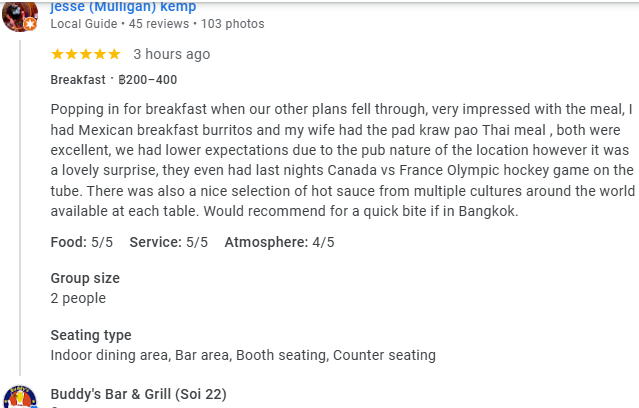 Another 5-star review from a customer at Buddy's Bar & Grill Bangkok Soi 22, February 2026