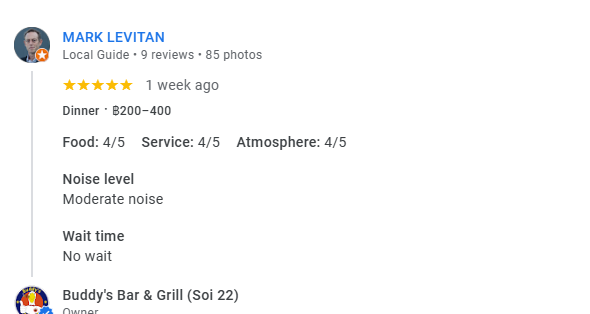 Another 5-Star review of Buddy’s Bar & Grill Sukhumvit Soi 22 Bangkok February 2026