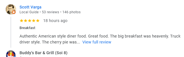 Another 5-star review from a customer at Buddy's Bar & Grill Bangkok Soi 8, February 2026