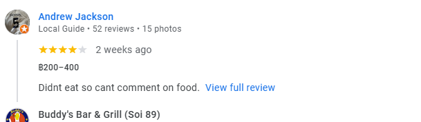 4-Star review of Buddy’s Bar & Grill Bangkok Soi 89 March 2024