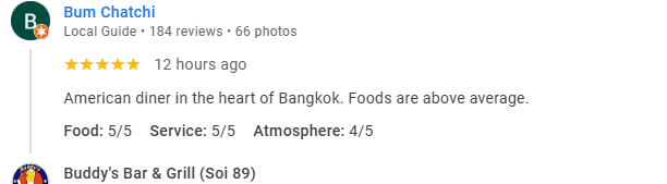 4-Star review of Buddy’s Bar & Grill Bangkok Soi 89 March 2024
